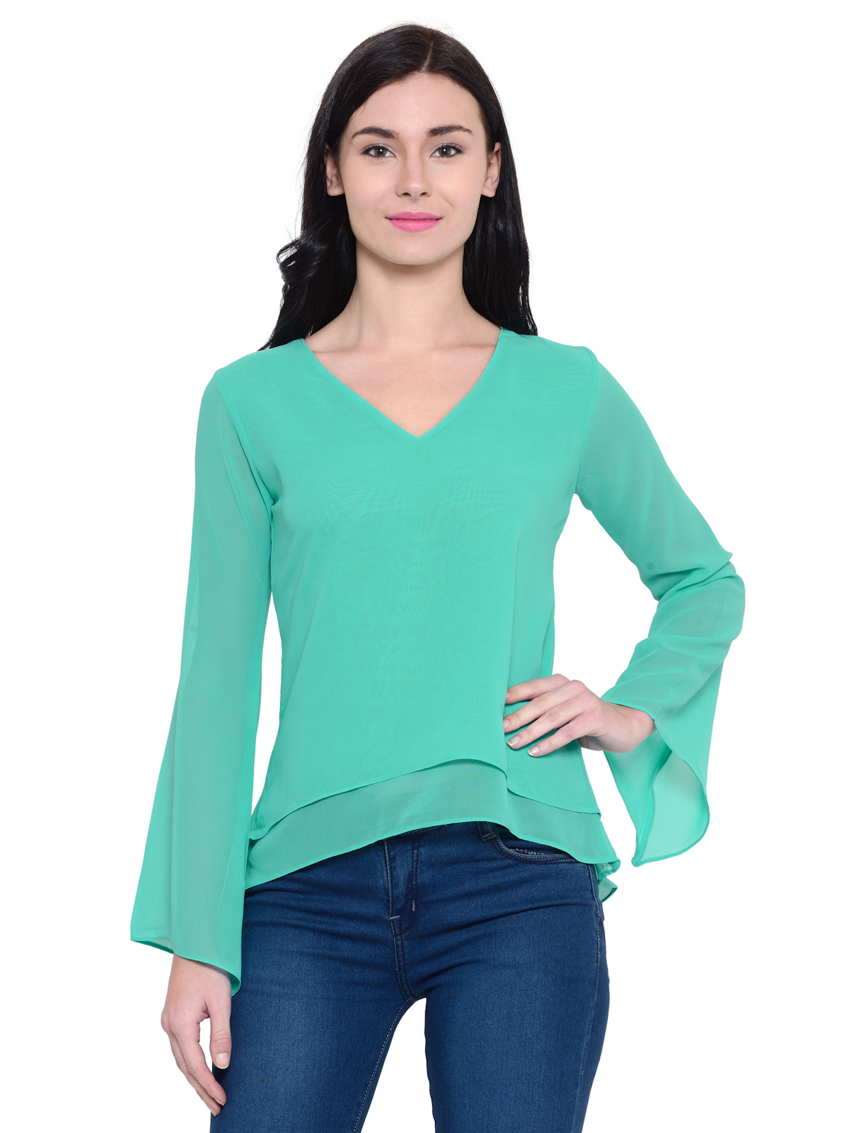 Azure Green Bell sleeves Vneck Top